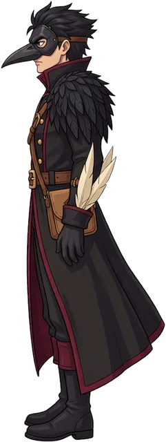 Ashwing Varo, a tall figure in a black-feathered coat and beaked crow mask.