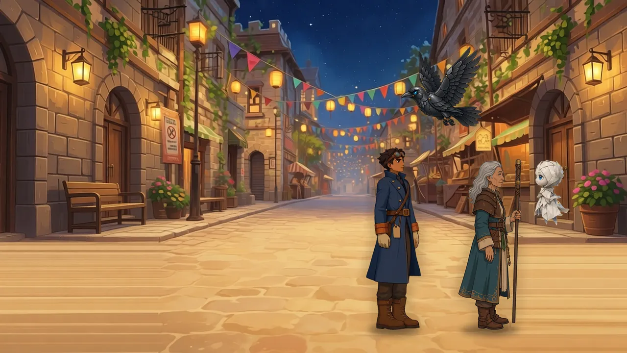 Key art: Aren, Maeve, Nima and Quill on Lantern Avenue at night.