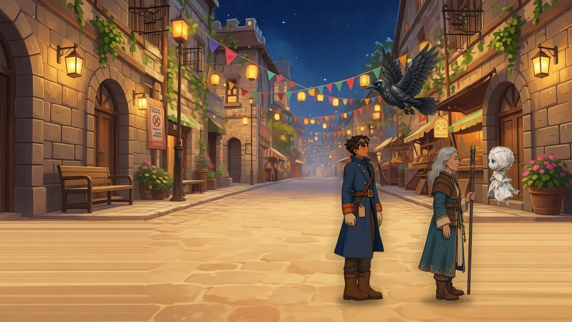 Aren, his godmother Maeve, the paper sprite Nima and Quill the brass raven on Lantern Avenue in Lumenfall, under festival lanterns at night.