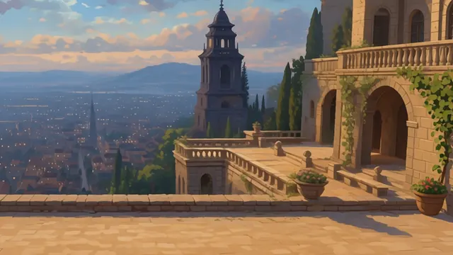 Lumenfall: a cliffside terrace and bell tower above a city spread to the hills at dusk.