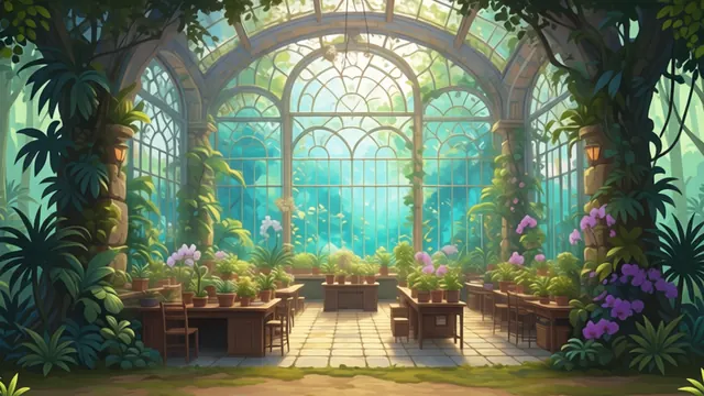 The Verdant Codex: a glasshouse reading room in the heart of a jungle, tables lined with plants.