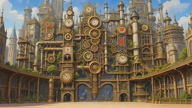 Brasshaven Collegium: a towering wall of brass gears and clock faces around a curved plaza.