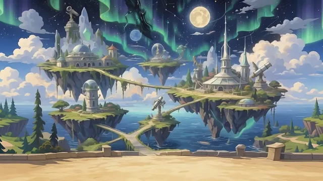 The Celestial Archipelago: floating islands with observatories, linked by bridges under the aurora and a full moon.