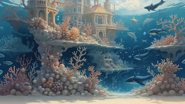 Nacreum: a sunken palace grown over with coral, dolphins and fish swimming past.