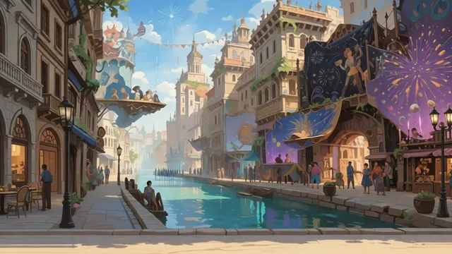 The Carnival of Living Ink: a canal-side street of cafes and painted banners, fireworks in the sky.