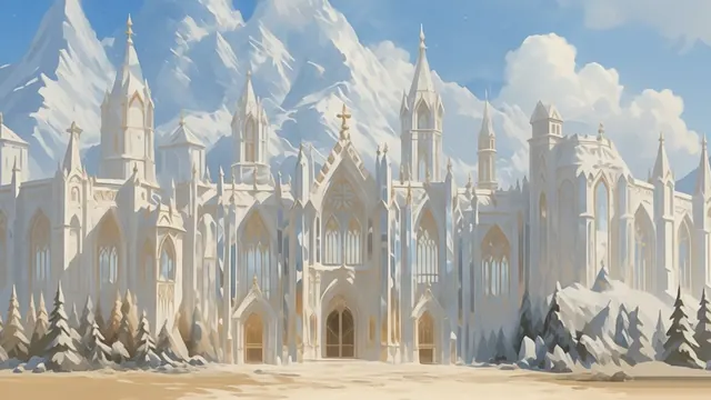 The Ivory Labyrinth: a white spired academy among snowy mountains and pines.