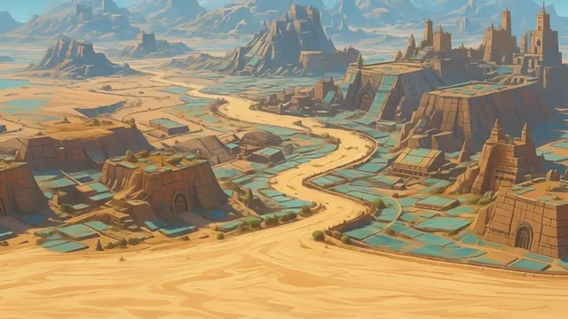 The Atlas Wastes: a winding sand road between mesas and tiled desert towns.