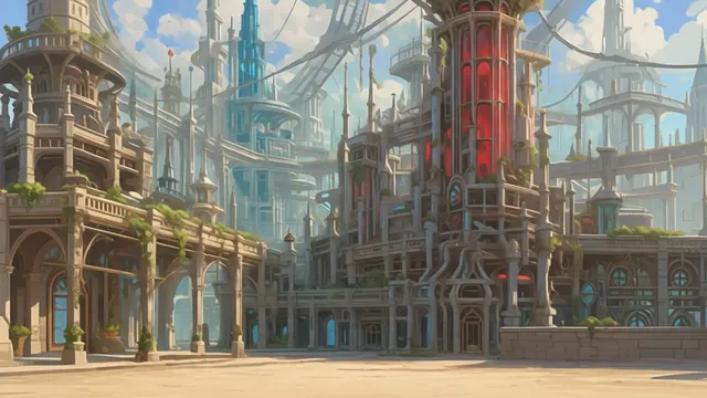 The Scarlet Meridian: a research city of red glass towers, arcades and overhead rails.