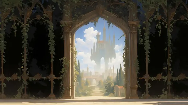The Black Index: a dark, vine-hung hall of black and gold opening onto a distant pale tower.