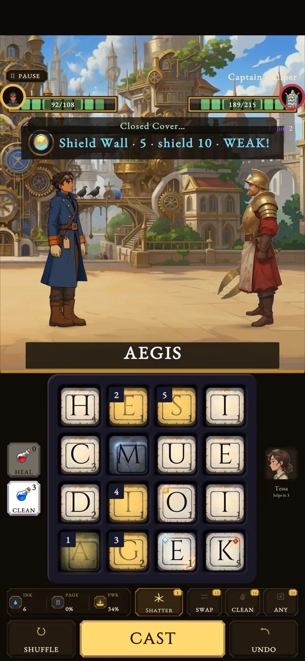 A duel in Brasshaven: Aren spells AEGIS on the letter board and casts Shield Wall against Captain Caliper.