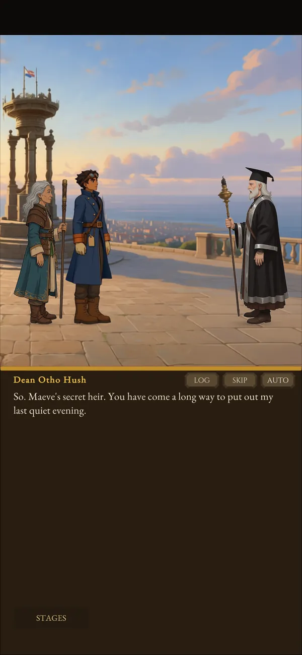 A voiced story scene on the Lumenfall beacon terrace: Maeve and Aren face Dean Otho Hush.
