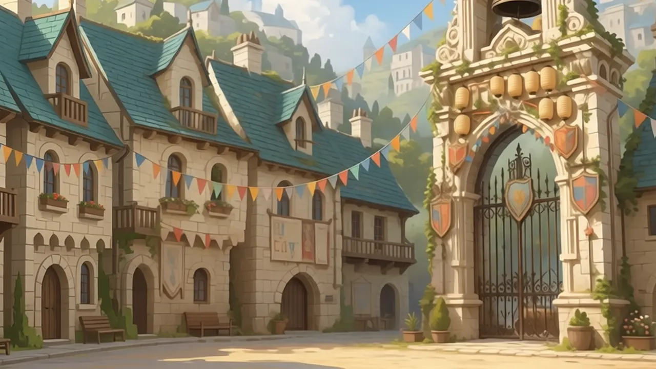 Festival Gate in Lumenfall: a carved stone gate hung with lanterns and bunting between tall, steep-roofed houses.