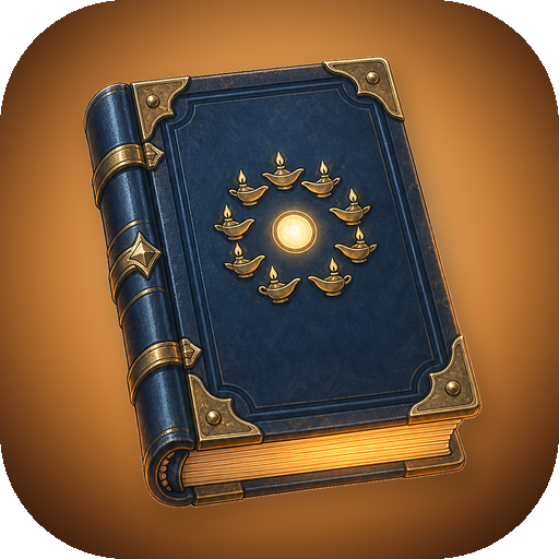 App icon: the Book of Ten Lamps, a navy book with ten gold lamps, on warm candlelight.