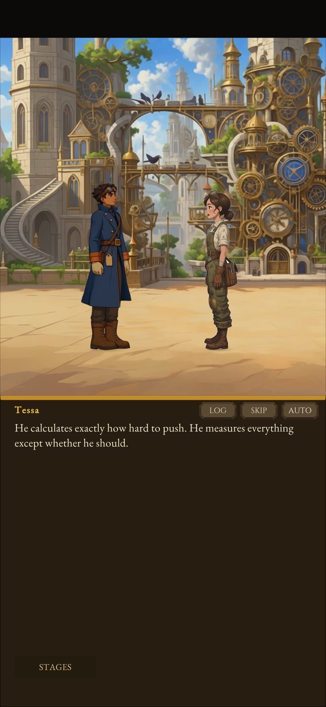Story scene in Brasshaven: Aren talks with Tessa.